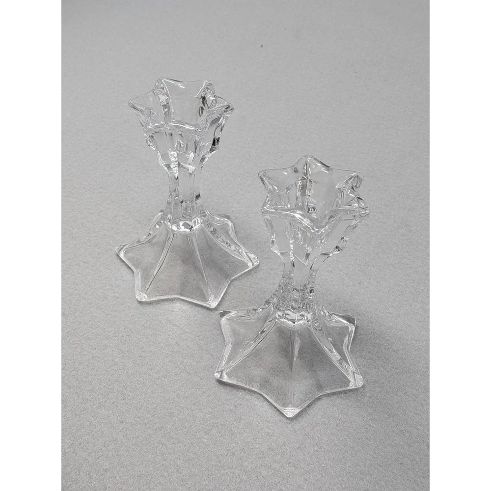Set of 2 Vintage Clear Glass Candlestick Candle Holders Star Shaped Base 4